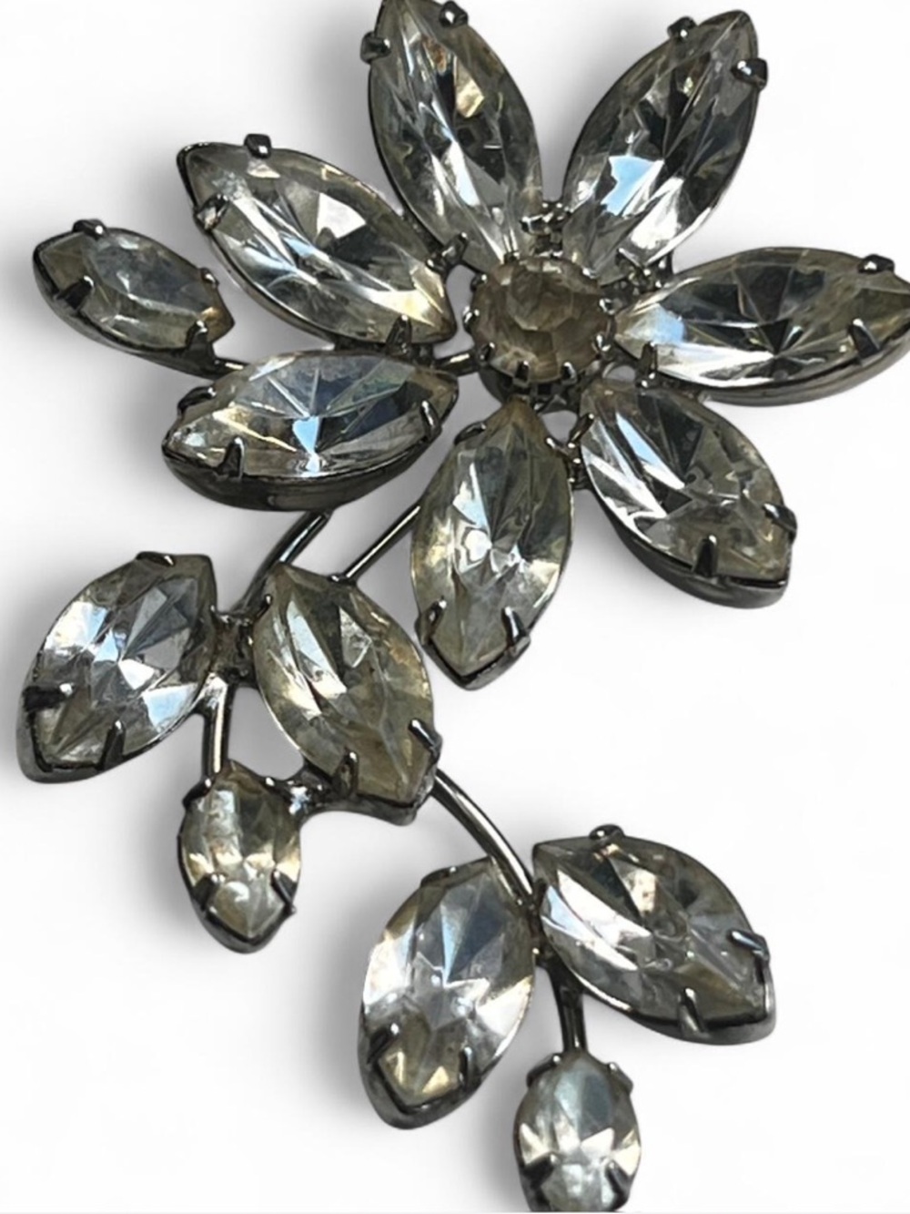 Vintage Rhinestone Flower Statement Brooch - Silver-Tone
